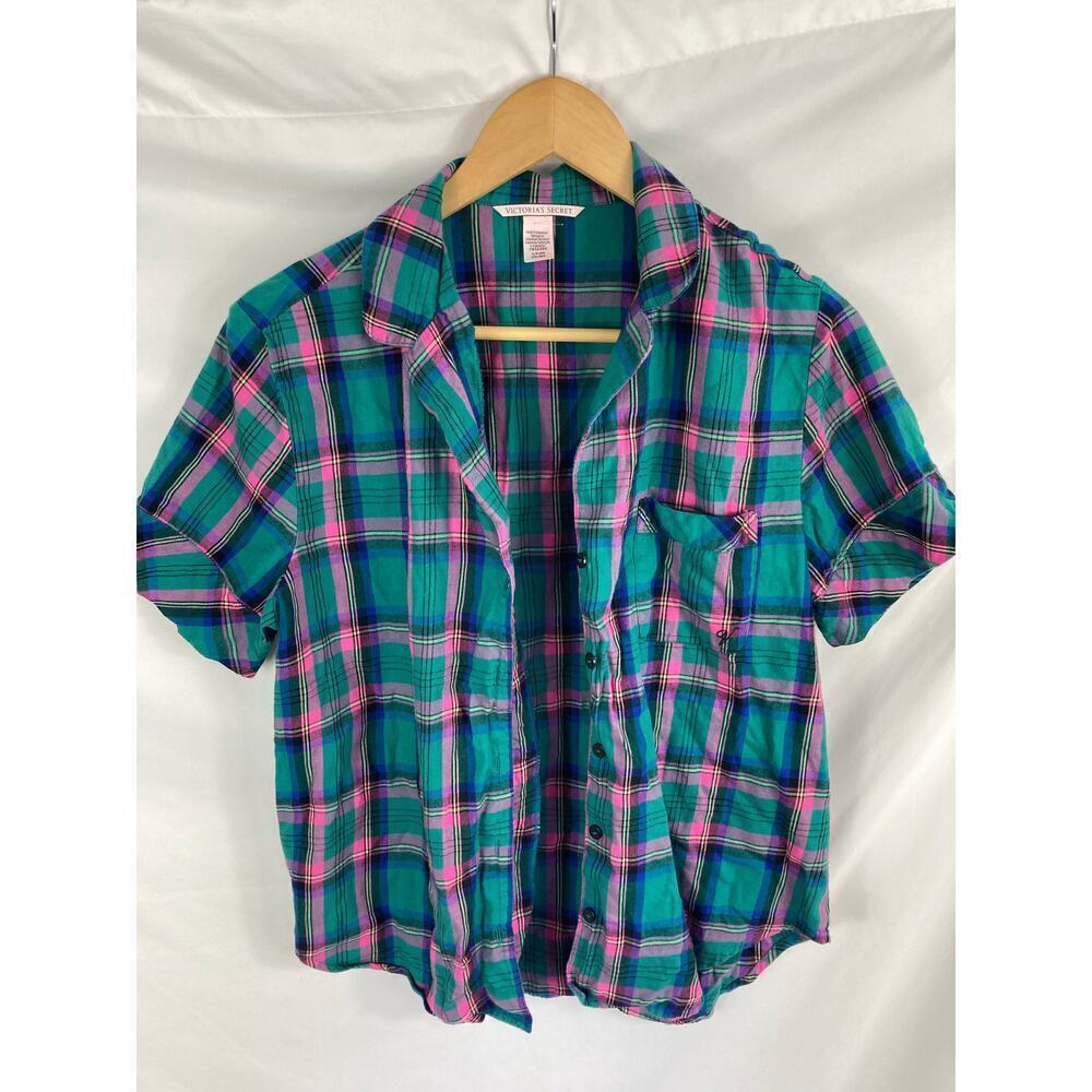 Victorias Secret Womans Plaid Short Sleeve Button Up Sleep Flannel Shirt Size S
